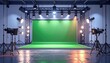 © Genius12 - Empty modern professional video production studio with green screen backdrop.