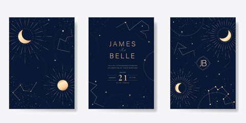 Wall Mural - Wedding invitation card design vector set. Elegant wedding card with little star moon sun and space decorative on navy blue background. Design illustration for cover, poster, gala.