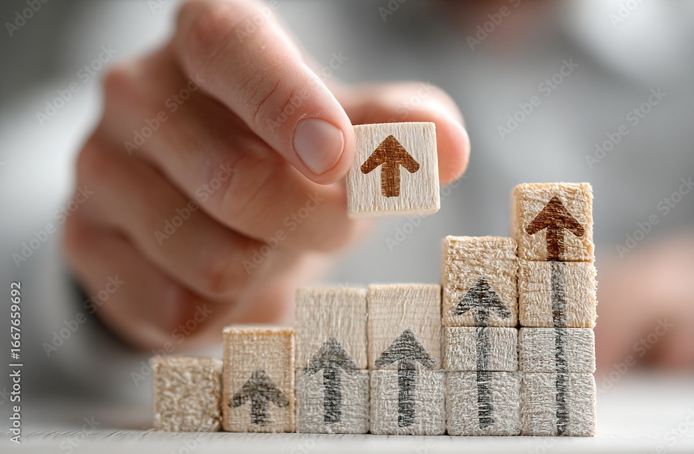 Hand Arranging Wooden Blocks with Arrows Forming Growth Chart, Business ...