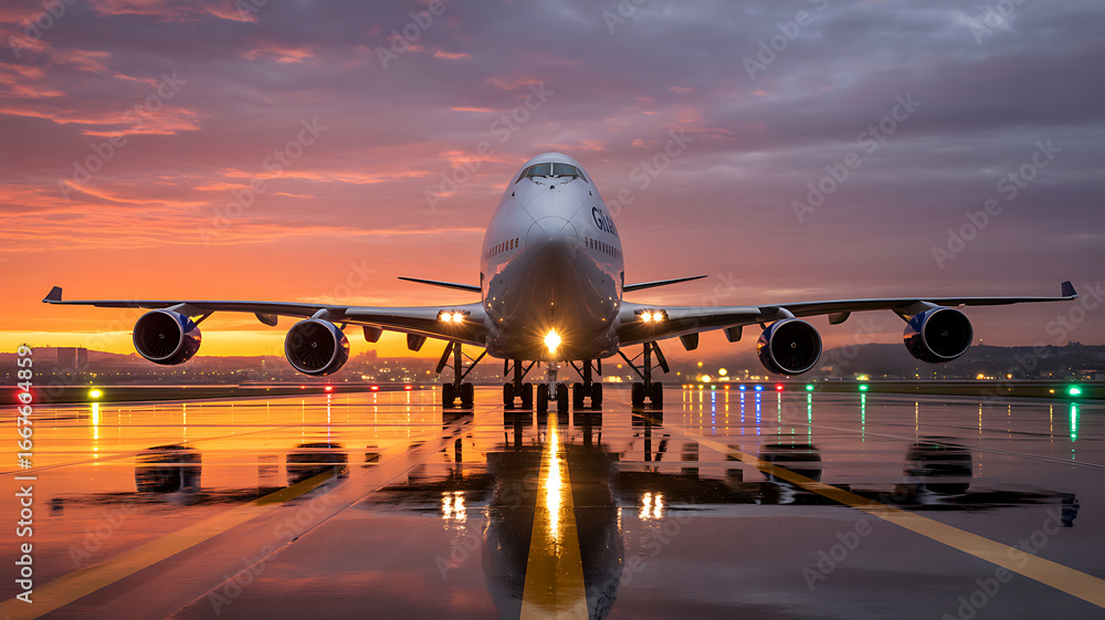 Boeing 747 airplane on wet runway at sunset jumbo jet Stock Photo ...