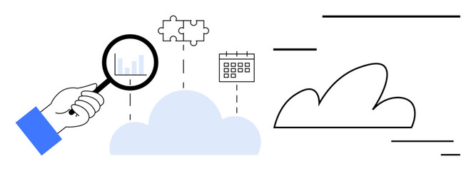 Wall Mural - Hand with magnifying glass analyzing data charts over cloud, puzzle piece, and calendar icons. Ideal for cloud storage, data analysis, integration, planning, organization, collaboration simple