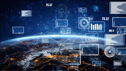 Wall Mural - a stunning depiction of a futuristic digital data interface overlaying earth, showcasing various gra