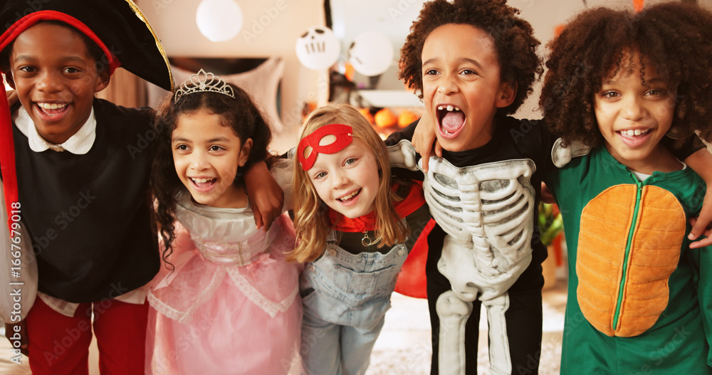 Happy, group and children with costumes at house for Halloween party,  celebration and bonding. Portrait, kids and smile with character outfits  for spooky season, cosplay holiday and friends together Stock Photo |