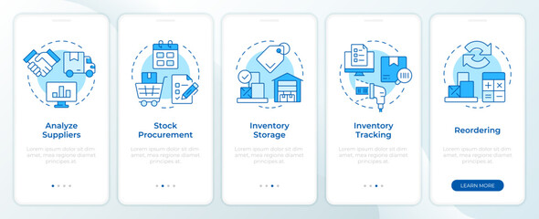 Wall Mural - Steps of inventory management process blue onboarding mobile app screen. Walkthrough 5 steps editable graphic instructions with linear concepts. UI, UX, GUI. Montserrat SemiBold, Regular fonts used