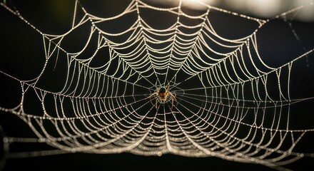 Detailed Spider Web with Dew Drops Illuminated Against a Dark Background