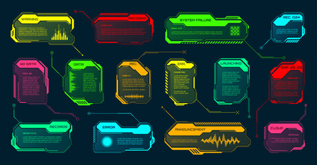 Futuristic HUD or UI elements. Sci-fi user interface text boxes, callouts. Colorful warning message frame, information boxes template. Modern game interface layout, digital style. Vector illustration