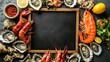 © Nijat - black chalkboard with fresh shrimp, oysters, lobsters. crabs, salmon on the side only