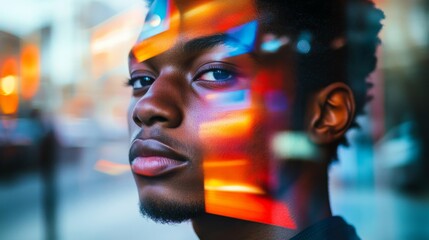 Wall Mural - A striking portrait showcasing vivid reflections. The blend of colors brings depth and emotion. This image captures the essence of urban life. Generative AI
