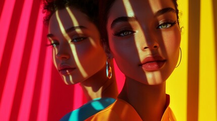 Wall Mural - Two beautiful women with striking features pose gracefully in bold colors. The interplay of light and shadow creates a captivating visual. Generative AI