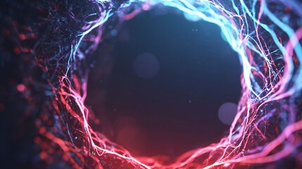 A vibrant, circular network of glowing threads in contrasting pink and cyan hues, creating a dynamic and futuristic abstract design.