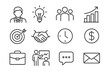© Arnette - Business line icons collection. Vector symbols for professional activity, management, finance, communication, strategy. Includes teamwork, growth chart, idea, and target icons.