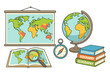 © Karyna - Vector set of geography learning tools. Cartoon collection with world map screen, globe, atlas with magnifier, compass, and textbooks for school. Education and exploration concept.