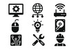 © Susannah - Technology and engineering glyph icon set. Computer service, network management, IT support, hardware repair and data storage solid icons. Technical development vector pack.