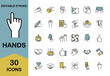 © Rico - Hands line icon set – Includes gesture, handshake, writing and pointing. Editable stroke. Colored vector illustration.