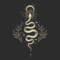 Wall Mural - Mystical composition with a snake, crescent moon, stars and leaves on a dark background. Magic illustration