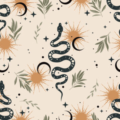 Wall Mural - Vector magic seamless pattern with snakes, leaves, moon and stars. Mystical esoteric background for design of fabric, packaging, astrology, phone case, wrapping paper.