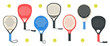 © Syuzann q - Padel rackets and balls in flat. Various shapes palas equipment set. Diamond, round and teardrop shapes sports accessories collection. Vector illustration on white background.