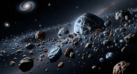 Wall Mural - Vast Asteroid Belt in Deep Space with Distant Galaxy and Stars Celestial Mining Exploration