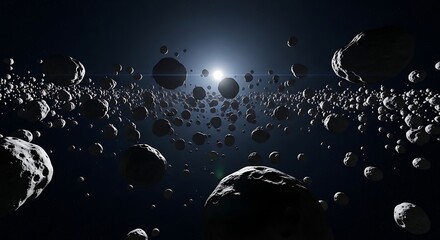 Wall Mural - Vast Asteroid Field with Distant Sun in Deep Space Cosmic Background