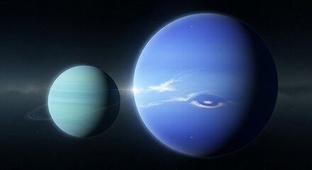 Wall Mural - Two Blue gas Giant Planets in Deep Space with Nebula Background Cosmic Exploration