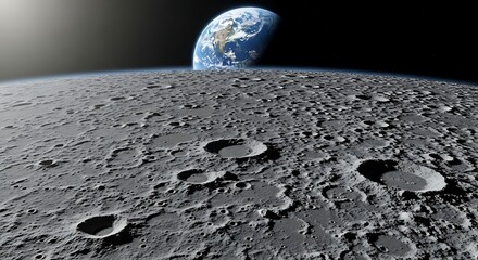 Wall Mural - Earth Rising Over Lunar Surface From Space Detailed Cratered Landscape