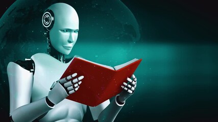 Wall Mural - 3d rendering of robot hominoid reading book and solving math data analytics in concept of future mat
