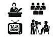 © Amabel - Talk show vector icon set with host, audience, TV logo, and camera crew. Solid glyphs for broadcasting, media, interviews, public speaking, and entertainment concepts.