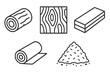 © Eldora - Wood products outline icon set. Timber industry and forestry materials. Log, lumber planks, plywood sheet, veneer roll, wood grain texture, and sawdust pile. Vector symbols.