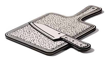 A sharp knife resting diagonally on a textured cutting board with a handle and a black border design silhouette