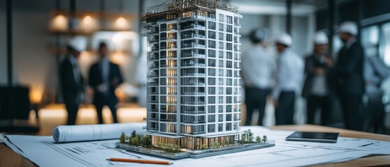 Modern high-rise architectural building model on table with blurred business professionals in background