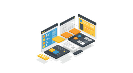 Isometric design of digital interface layout with modern ui elements and interactive components