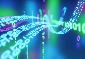 3d illustration of abstract binary code stream with colorful lights and data flow concept