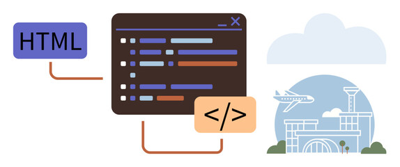 HTML tag, coding screen, and aviation symbols connect programming with global travel. Ideal for tech, web development, aviation, e-commerce, education innovation automation. Simple flat metaphor