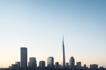 Futuristic city skyline with modern skyscrapers under soft sunrise light on minimalist gradient background with clear copyspace concept. Ai generative