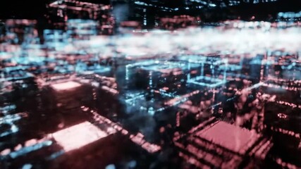 Abstract digital grid animation with glowing blue and red lines representing technology and data