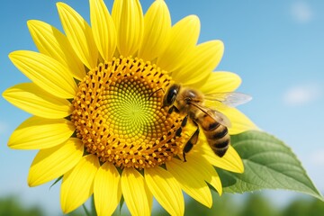 Wall Mural - close-up of honey bee pollinating a vibrant yellow sunflower with spiral pattern center on bright su