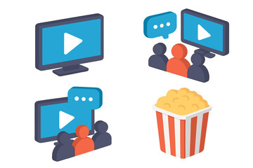 Virtual watch party icon set. Isometric vector graphics of people watching movies together online. Streaming cinema with friends, chat, popcorn, and TV screen with play button.
