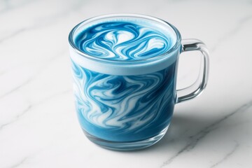 Wall Mural - vivid blue latte with swirling milk patterns in clear glass mug on marble surface, modern drink conc