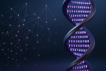 Wall Mural - abstract dna helix with glowing numbers and connected nodes on dark background, symbolizing digital 