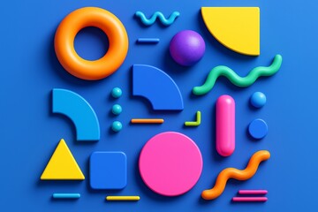 Wall Mural - colorful abstract geometric shapes in playful composition on blue background with glossy light effec