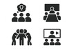 © Hanna - Team activity glyph icons. Solid icon set of team activities, brainstorming, group meeting, team huddle, project planning, video conference, presentation, webinar vector.