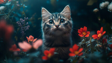  Cat and flowers HD 8K wallpaper Stock Photographic Image