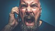© IlyaMyagkov - Intense Phone Rage: A close-up shot captures the raw emotion of a man engulfed in a fit of anger while holding a phone, his face contorted with fury and frustration.