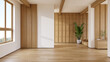 © LEKSTOCK 3D - Warm Minimalist living room ionterior design. with natural light and wood paneling.3drender