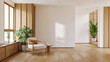 © LEKSTOCK 3D - Minimalist living room ionterior design. with  Modern Scandinavian armchair. with natural light and wood floorling.3drender