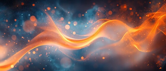 Wall Mural - Abstract orange wave with sparkling particles on a dark blue background
