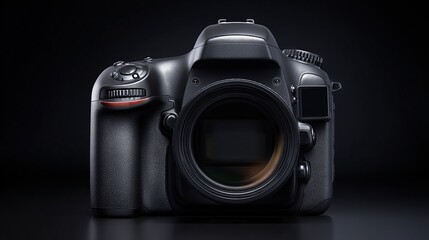 A sleek, dark-grey DSLR camera with a large lens dominates the frame against a pitch-black background.  Minor details like buttons and dials are 