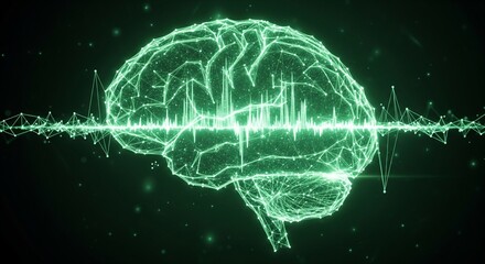 Digital representation of a human brain with a green waveform passing through it, set against a dark background with glowing particles.