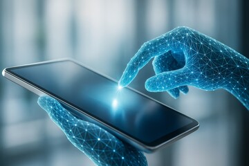Wall Mural - futuristic digital hands interacting with tablet device against modern tech background, symbolizing 