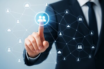 Wall Mural - businessman touching digital social network icon with glowing connection nodes on light tech backgro